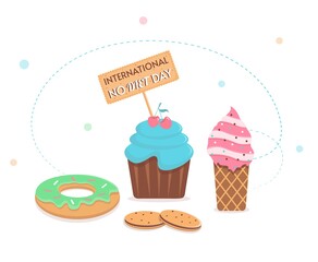 International No Diet Day. International Day, Holiday of Unhealthy Eating. Cupcake, donut, ice cream and cookies on a white background. Vector illustration on white isolated background.