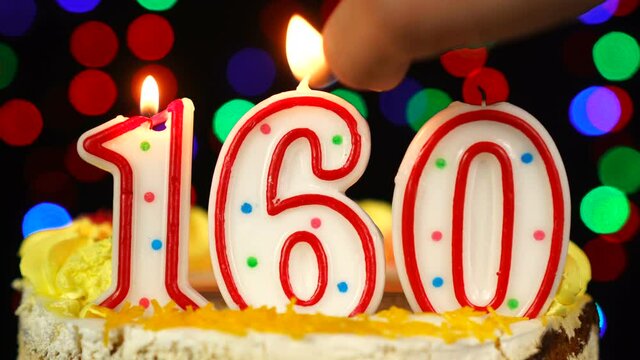 Number 160 Happy Birthday Cake With Burning Candles Topper.