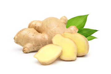 Fresh ginger rhizome with sliced and green leaves isolated on white background.