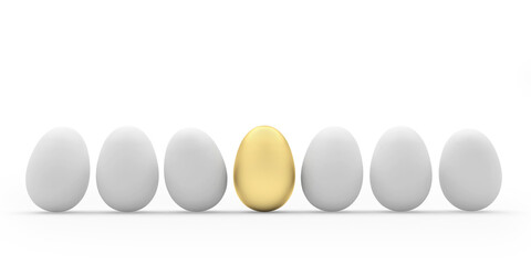 Row of white eggs with one golden Easter egg isolated on white. 3d illustration 