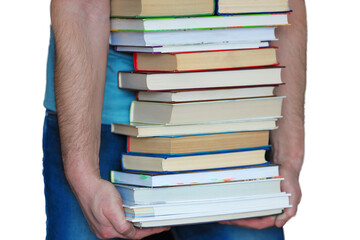 It is a stack of books in a man's hands, isolated on a white background. The concept of education and the study of sciences.