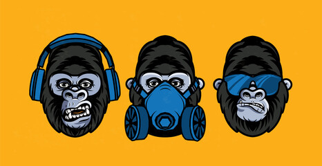 Three wise gorillas with respirator, glasses, headphones. Also called the Three Mystic Apes. Sees no evil, hears no evil, speaks no evil. - 412624867