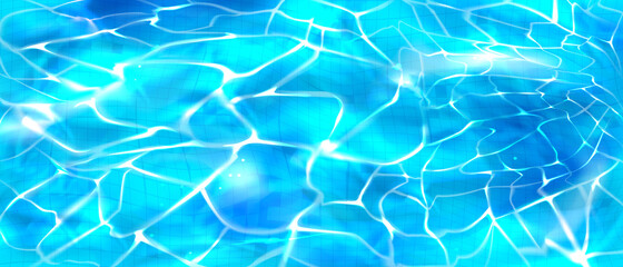 Water pool top view background with ripples on aqua surface and tiled floor. Ocean, sea, swimming basin transparent liquid texture with sun rays light shining pattern, Realistic 3d vector illustration