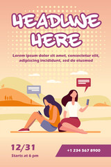 Two women relaxing on nature and using smartphones. Nature, social media, message flat vector illustration. Digital technology and lifestyle concept for banner, website design or landing web page
