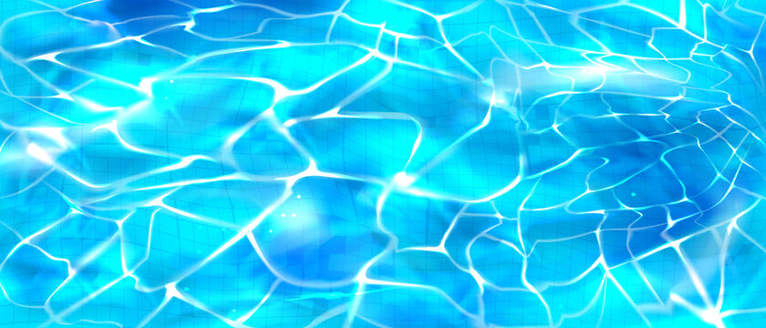 Water pool top view background with ripples on aqua surface and tiled floor. Ocean, sea, swimming basin transparent liquid texture with sun rays light shining pattern, Realistic 3d vector illustration