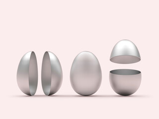 Set of silver eggs, whole and broken halves on a pink pastel background. 3d illustration 