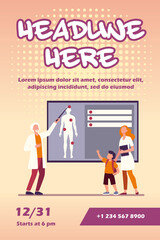Physician explaining human anatomy to kid. Nurse, boy, body flat vector illustration. Medicine and education concept for banner, website design or landing web page