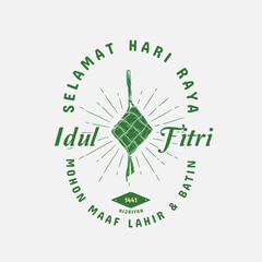 Selamat Idul Fitri.Translation: Happy Eid Mubarak. Eid al-Fitr Greeting with hand lettering calligraphy and illustration. vector illustration square banner ads.