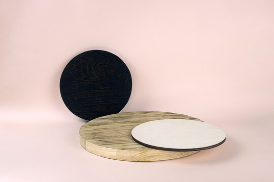 Background with geometric shape podium. Wooden round pedestal for eco product. Empty showcase in minimal style. Abstract pastel mock up for cosmetic.