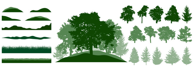 Constructor kit. Silhouettes of beautiful spruce trees, pine, other trees, grass, hill. Creation of summer beautiful park, forest, landscape, collection of element. Vector illustration.