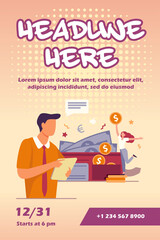 Man with clipboard looking at happy woman holding big coin. Wallet, cash, money flat vector illustration. Finance and wealth concept for banner, website design or landing web page