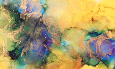 art photography of abstract fluid art painting with alcohol ink, blue, green, yellow and gold colors