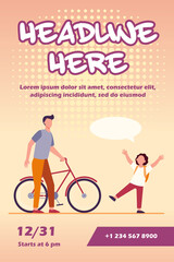 Dad giving bike to joyful son. Red haired boy, speech bubble, bicycle flat vector illustration. Activity, childhood, family concept for banner, website design or landing web page
