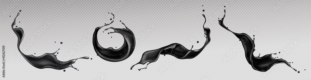 Poster black liquid splashes, swirl and waves with scatter drops. paint, oil or ink splashing dynamic motio
