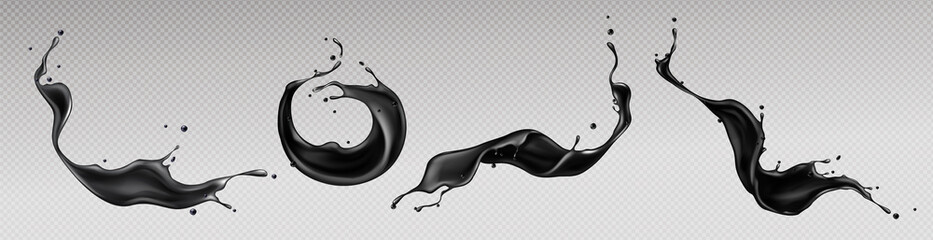 Black liquid splashes, swirl and waves with scatter drops. Paint, oil or ink splashing dynamic motion, design elements for advertising isolated on transparent background Realistic 3d vector icons set - obrazy, fototapety, plakaty