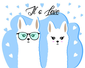 Lamalove- lovely card with cute Llamas. Design for card, sticker , fabric textile, t shirt.