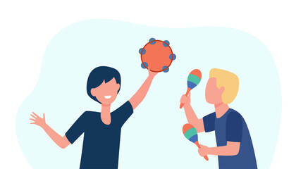 Fototapeta na wymiar Cute children playing music with tambourine and maracas. Rhythm, musician, boy flat illustration. Entertainment and fun concept for banner, website design or landing web page