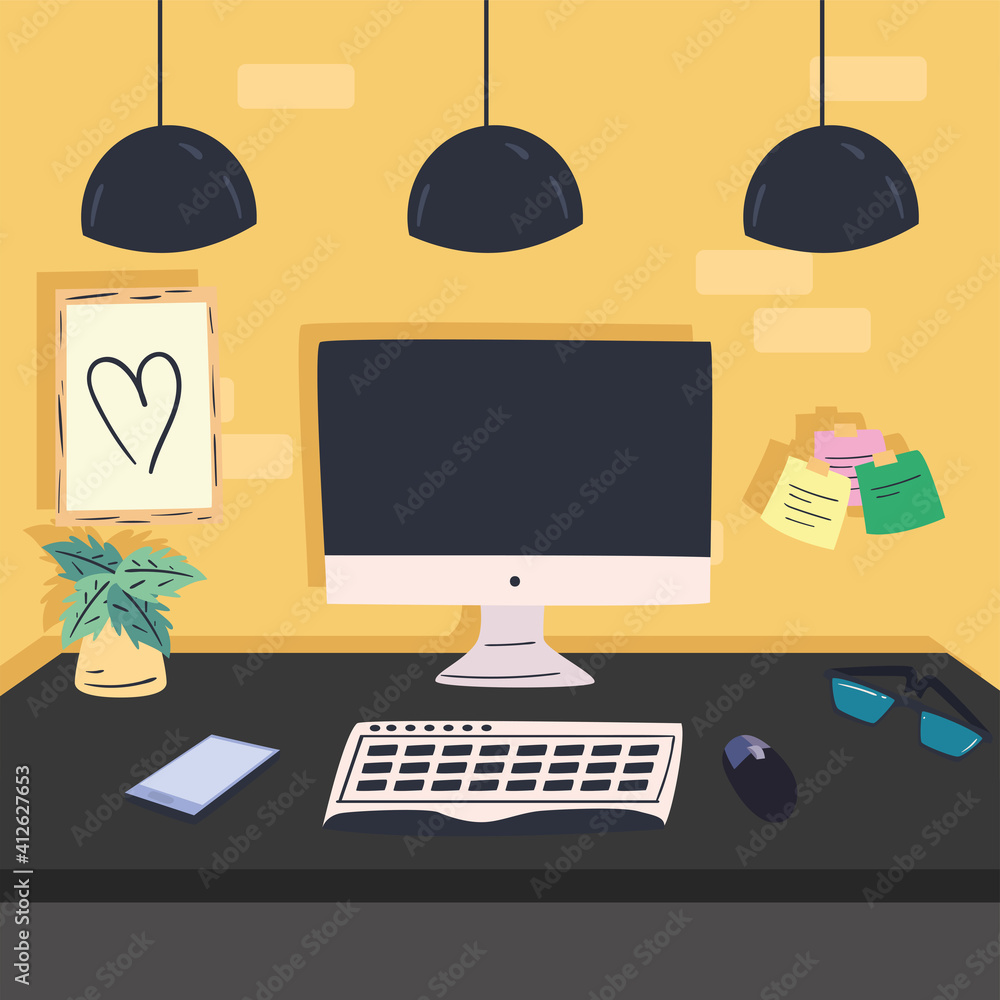 Aufkleber workplace desk with computer mouse and glasses vector design