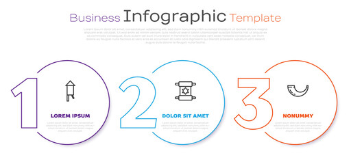 Set line Firework rocket, Torah scroll and Traditional ram horn, shofar. Business infographic template. Vector.