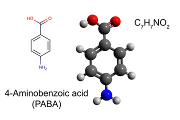 Chemical formula, skeletal formula and 3D ball-and-stick model of 4-Aminobenzoic acid (PABA), white background