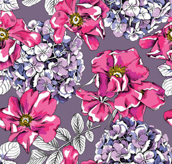 Seamless pattern with image of a Hydrangea and Rosa Canina Flowers. Vector illustration.