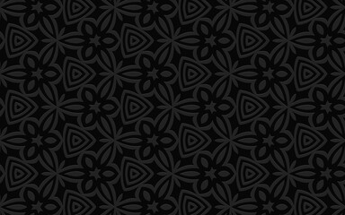 Ethnic geometric convex volumetric black 3D background from a relief pattern for presentations, wallpaper based on the peoples of Africa, Mexico, India.