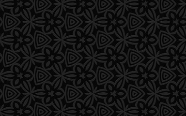 Ethnic geometric convex volumetric black 3D background from a relief pattern for presentations, wallpaper based on the peoples of Africa, Mexico, India.