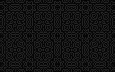 Ethnic geometric convex volumetric black 3D background from a relief pattern. Texture for wallpaper, textiles, business cards in the style of the peoples of Africa, Mexico.