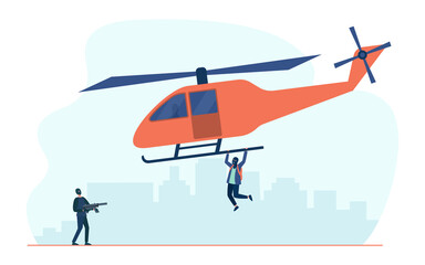 Two criminals stealing helicopter. Transport, weapon, mask flat vector illustration. Crime and terrorism concept for banner, website design or landing web page