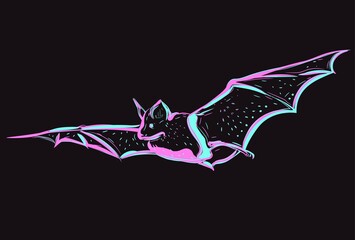 Linear neon art with a flying animal. Abstract linear drawing of a glowing night creature. Pink and blue bat.