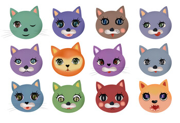 Fototapeta premium Funny cute cats faces with different emotions. Colorful cats happy, sad, crazy, cheerful. Cat characters. Vector illustration.