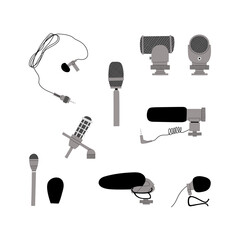 Vector handdrawn flat illustration set with different types of microphones isolated on white background. Equipment for blogging, vlogging and recording podcasts and videos