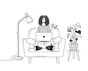 Young woman sitting in cozy armchair and working at laptop linear vector illustration