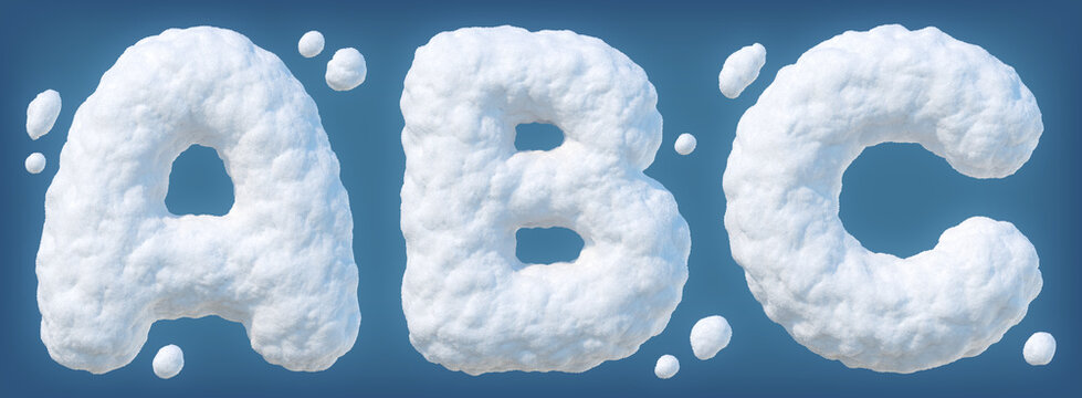 Snowy alphabet with letters A, B, C. Lettes made of snow. Winter font isolated on blue background