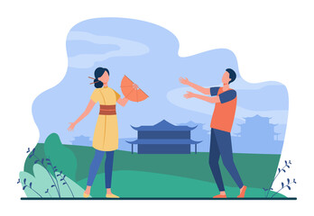 Male traveler talking with Asian girl in traditional clothes. China, weekend, nation flat vector illustration. Travel and holiday trip concept for banner, website design or landing web page