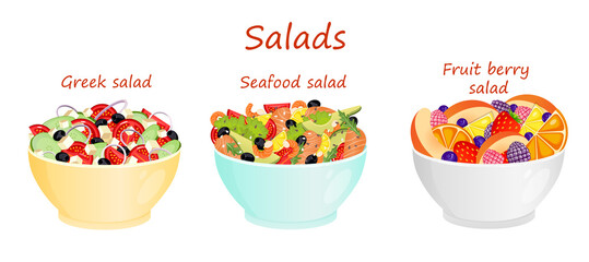 Set of salads, Greek, sea and fruit salads on a white background. Healthy and wholesome food vector illustration.