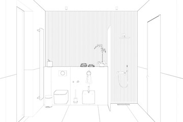 Sketch of the bathroom with window and door, shower room with partition, hanging toilet and bidet, large heated towel rail, tiled floors and walls, decor on a shelf. Front view. 3d render