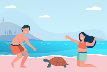 Happy cute kids playing with turtle on beach. Water, holiday, swimsuit flat vector illustration. Entertainment and fun concept for banner, website design or landing web page