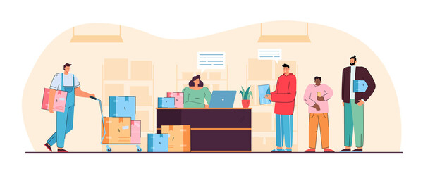 Post office vector illustration. Delivery service employee giving parcels to people, shipping company clients receiving packages. Vector illustration for postage, shipment, logistics concept