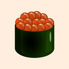 Sushi with rice, nori and caviar. Vector illustration of traditional Japanese food for stickers, web, site, menu, store, restaurant, icons. Gunkan maki.