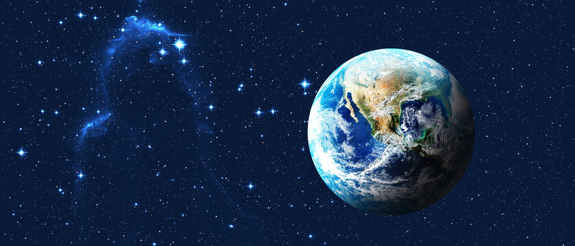  Planet Earth on dark blue night sky with bright stars. Banner format. Elements of this image furnished by NASA © assistant
