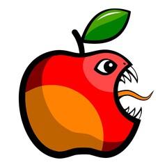Angry toothy apple. A bitten apple with a leaf. Vector illustration.