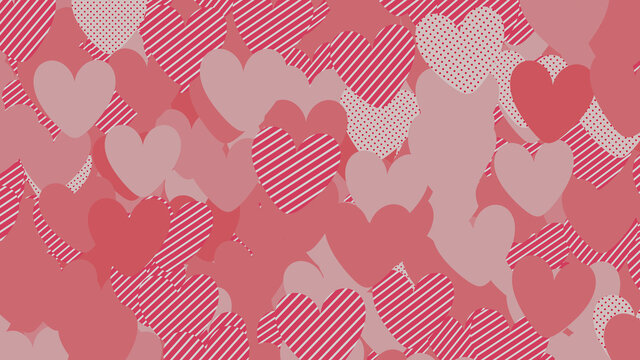 Multicolored Heart pattern background. Valentine Wallpaper with Pink, Striped and Polka Dot love hearts.