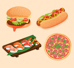 Fast food set. Peperoni pizza, sushi and rolls with shrimp, salmon, tuna, cheeseburger and burger, hot dog with sausage. Vector food illustration for stickers, web, site, menu, store, restaurant, icon