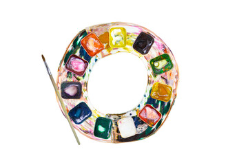 Font, a letter O made of watercolors and paints