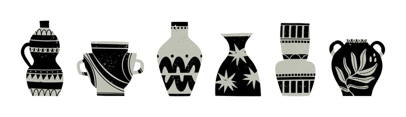 Various ceramic Vases. Different shapes. Antique, ancient ceramics. Pottery concept. Various textures. Hand drawn Vector set. Trendy illustration. All elements are isolated - obrazy, fototapety, plakaty