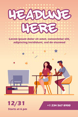 Couple sitting at table and watching TV. Together, coffee, family flat vector illustration. Leisure and entertainment concept for banner, website design or landing web page