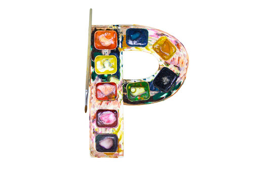 Font, a letter made P of watercolors and paints