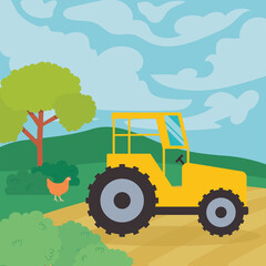 Obraz na płótnie Canvas Farm tractor and chicken vector design