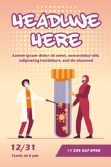 Tiny people in protective uniform holding flask with blood. Coronavirus, mask, analysis flat vector illustration. Pandemic and medicine concept for banner, website design or landing web page